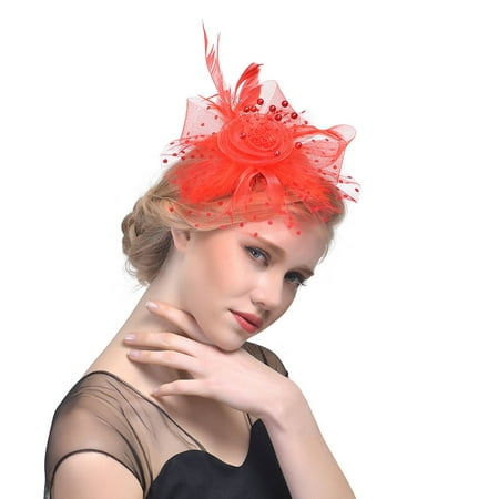 Outtop Women Flower Mesh Ribbons Feathers Headband Cocktail Tea Party Hat (Best Hats For Guys With Small Heads)