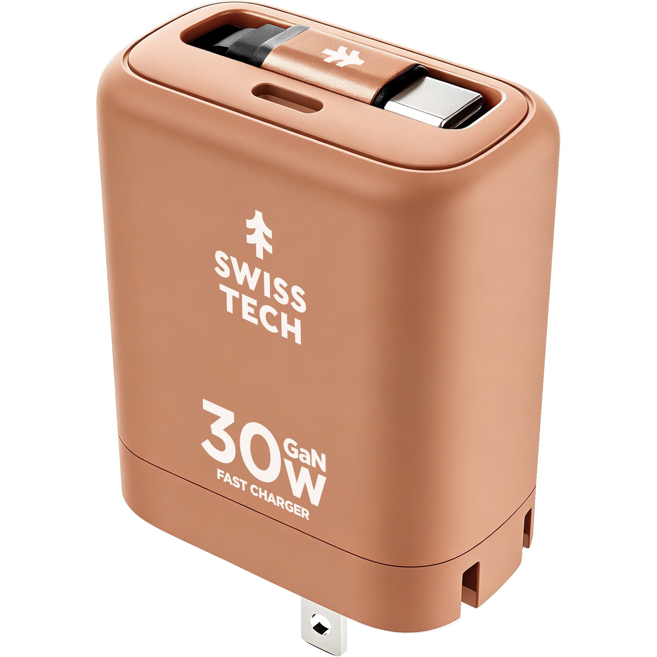 Swiss Tech Mussen 30W USB-C Wall Charger with Retractable Cable, Fast PD Charging, Terra Orange