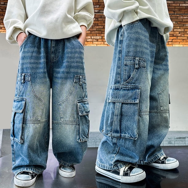 XXWXYD Lightweight Cargo Jeans for Boys - Drawstring Elastic Waist