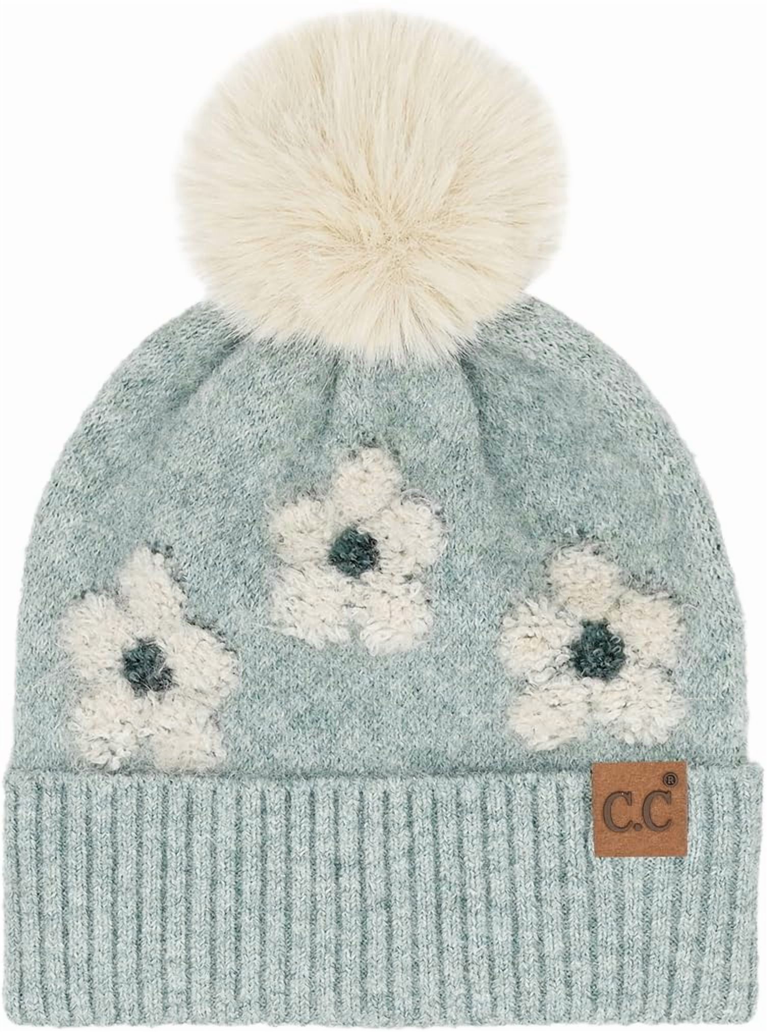 Funky Junque Beanie for Women Ultra Soft Chenille Faux Fur Pom Pom Winter Hats Warm Ski Cap Fashion - Daisy - Mint