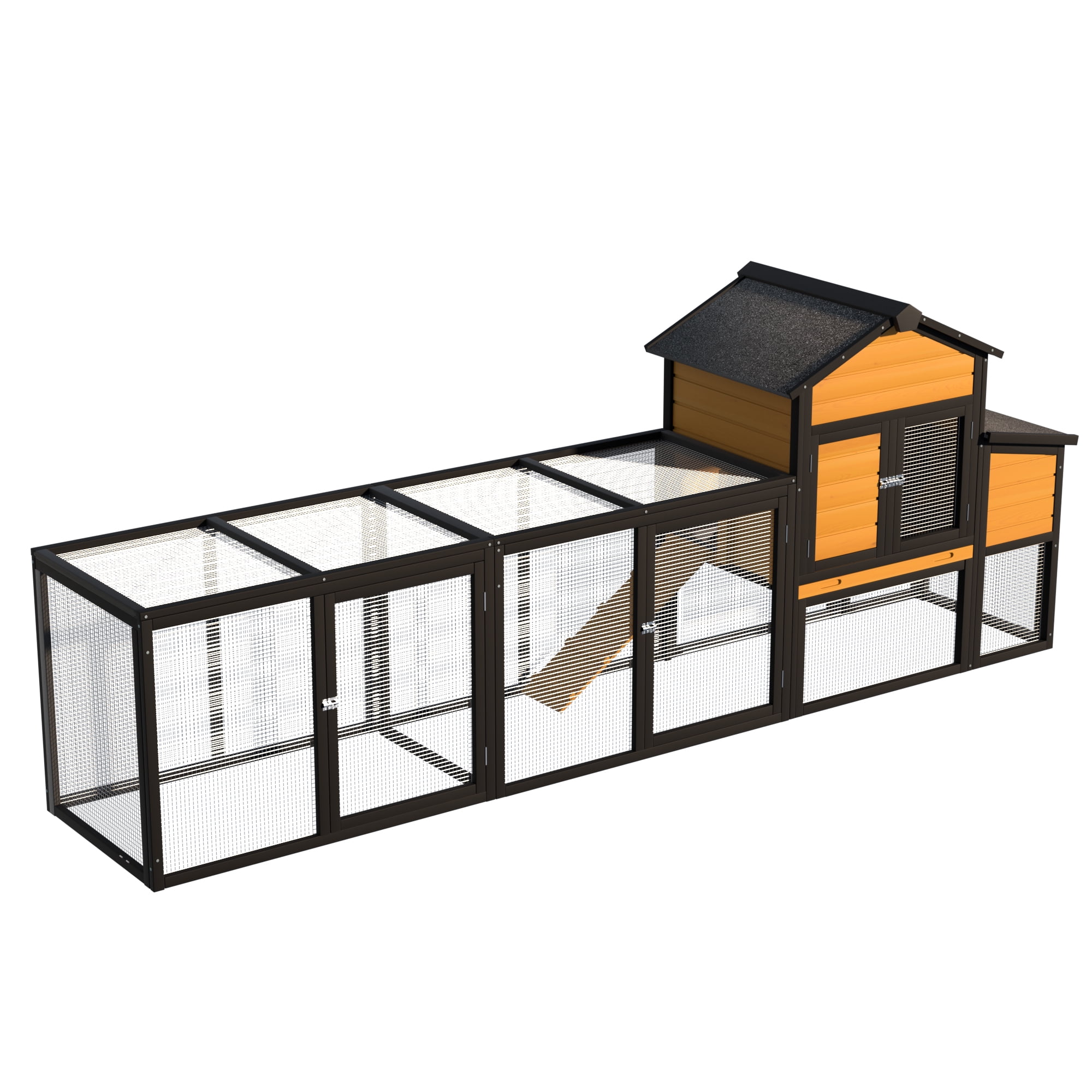 Outdoor Wooden Chicken Coop with Run, 7 Doors, Pull-Out Tray, Nesting Box & Ramp, Backyard Poultry House for 2, 4 Chickens, Expandable Design