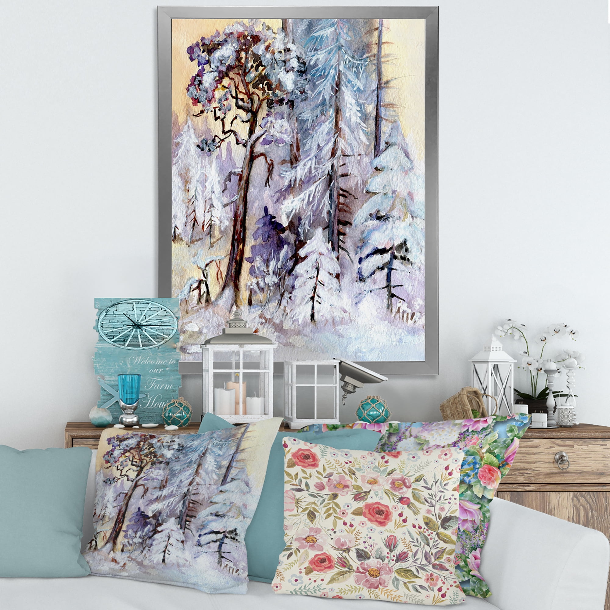 Designart 'The Lake With Winter Snowy Forest' Lake House Framed Art Print