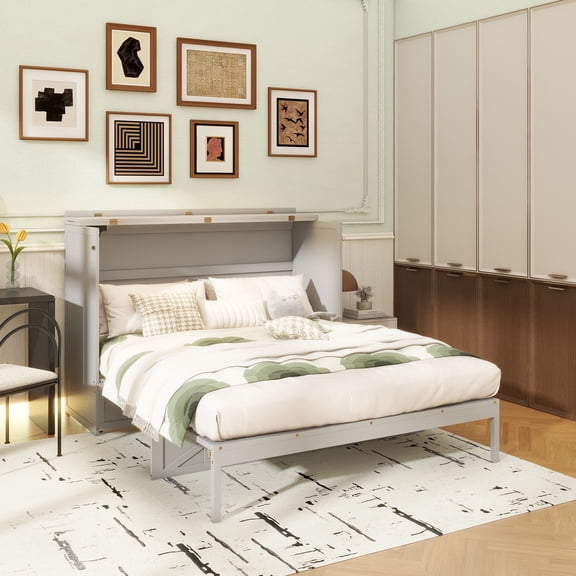 Queen Size Murphy Bed with Large Drawers and USB,Brushed Gray
