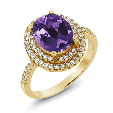 Gem Stone King 18K Yellow Gold Plated Silver Purple Amethyst Ring for Women (2.96 Cttw, Oval 9X7MM, Gemstone Birthstone, Size 7)