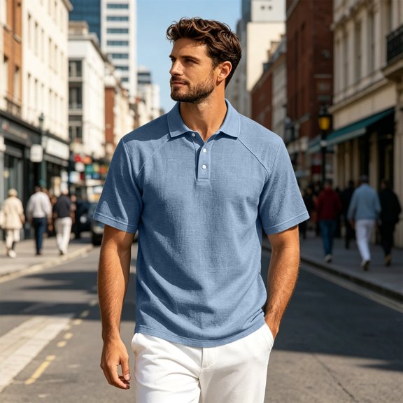 Dwelliawo Mens Casual Golf Polo Shirts Textured Fabric Short Sleeve Raglan Tees Airy Relaxed Fit Collared Button Up Tops Daily Office Travel Weekend Outdoor Summer Shirts Light Blue 2xL