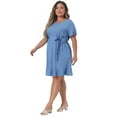 thumbnail image 3 of GRACE & GRANDEUR Robe en Denim pour Femme Grande Taille, Col Rond, Manches Roulées, Volants, Chambray, Robes Midi, 3 of 6