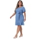 thumbnail image 3 of Women's Plus Size Denim Dress for Women Round Neck Roll Up Sleeve Ruffle Chambray Midi Dresses Light Blue 1X, 3 of 7