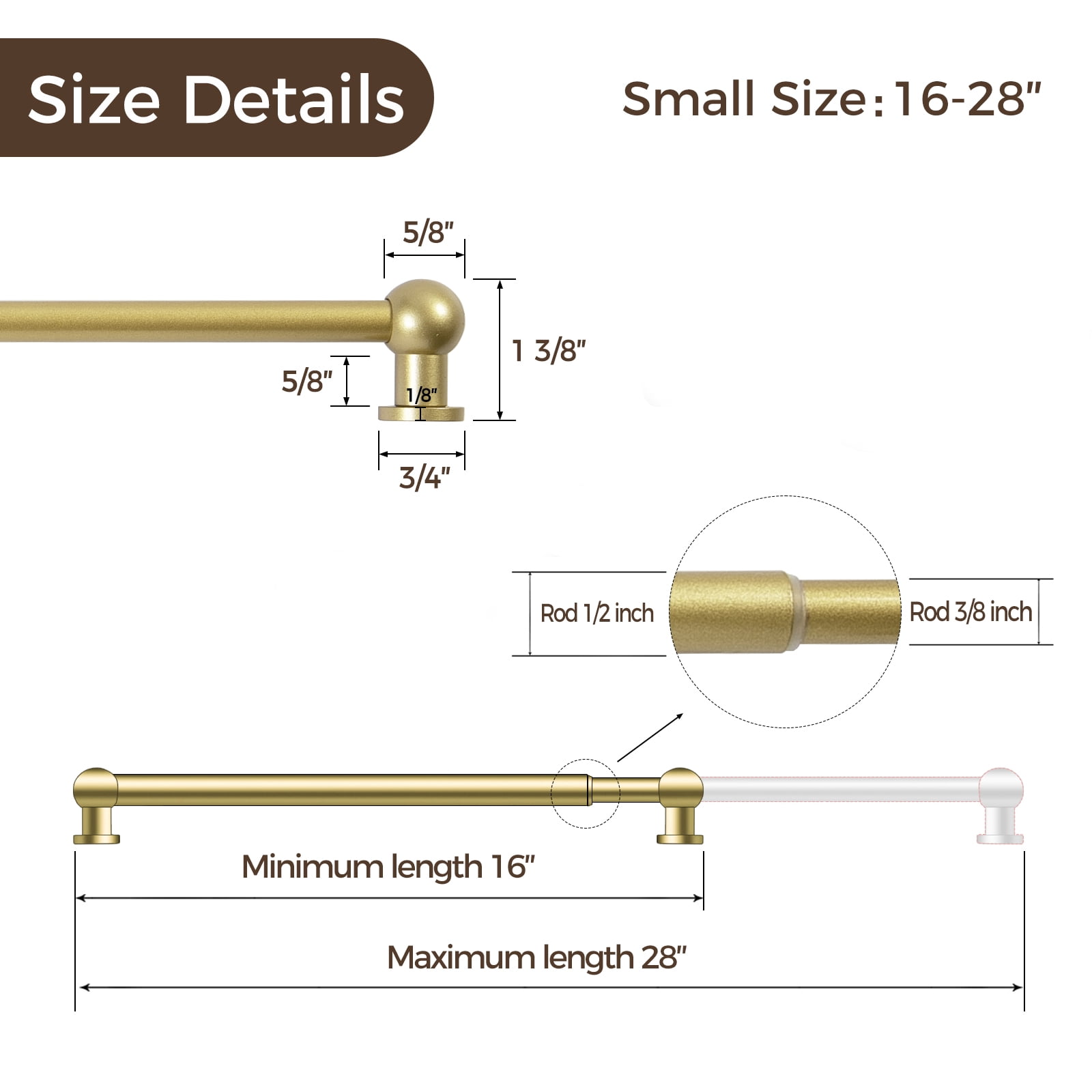 TWOPAGES 18" to 28" Adjustable Gold Cafe Curtain Rod with Rings for Kitchen Bedroom French Door