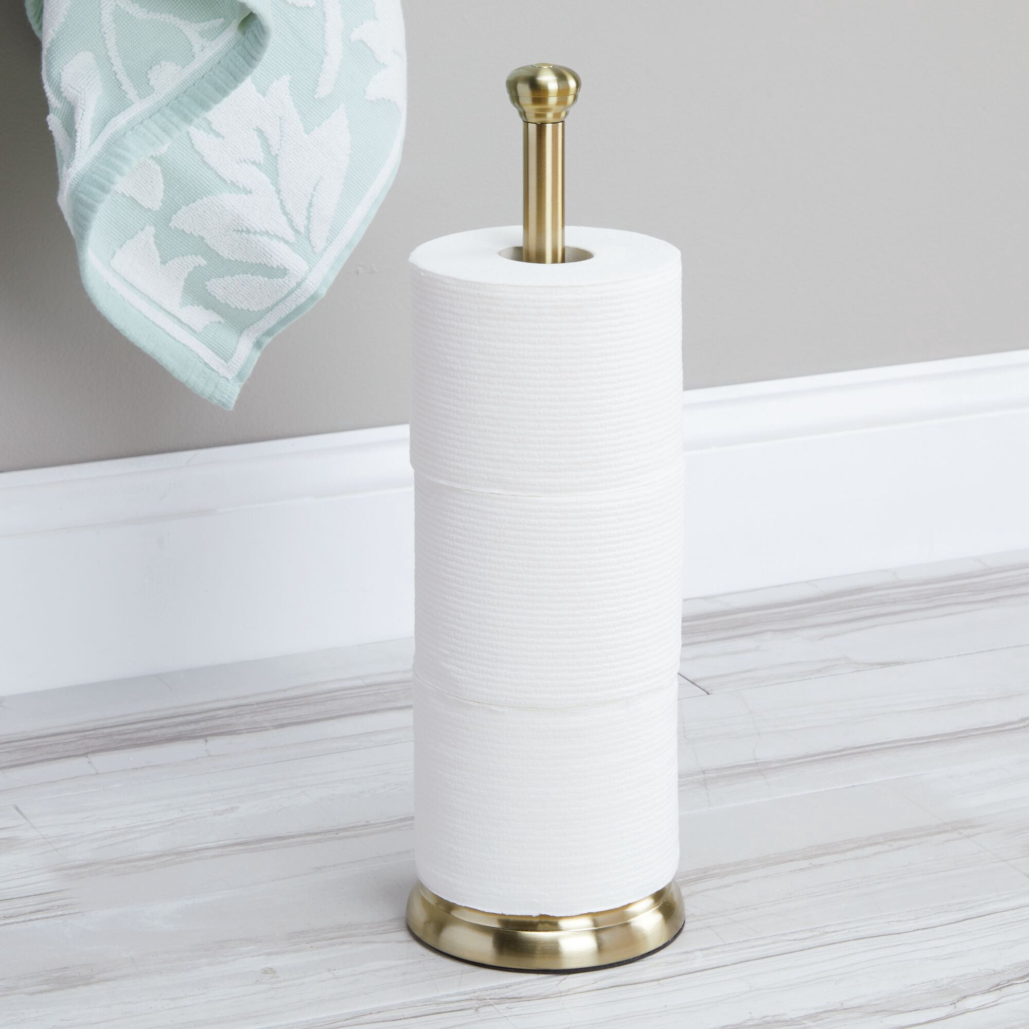 mDesign Metal Free-Standing Toilet Paper Holder - Soft Brass
