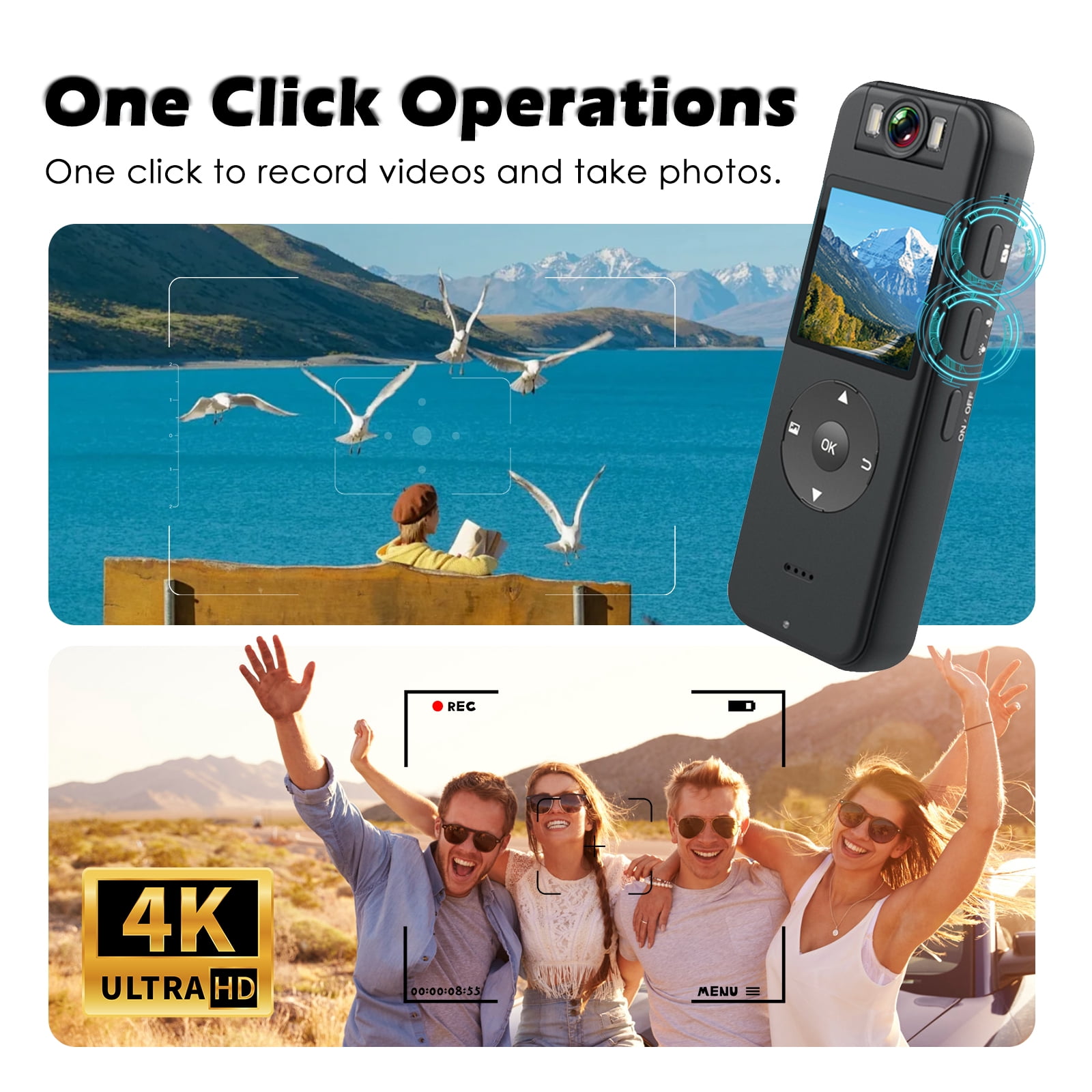 RONY 128GB 4K Body Camera with Audio Video Recording Night Vision 180° Rotate Lens, 1.4’’ Screen Wearable Camcorder with Back Clip, Support WiFi Connection, Black