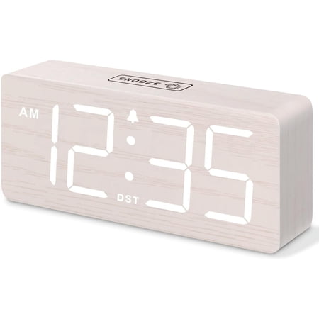 DreamSky Wooden Digital Alarm Clock for Bedroom - Desk Living Room with Large Numbers, Dimmer, Loud Heavy Sleepers Volume Control, DST, Office Wood Decor (Plug in Clock)