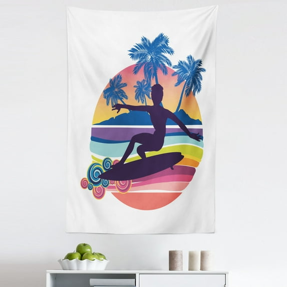 Beach Scene Tapestry, Surfer Silhouette Retro Groovy Rounds Design Palm Trees Ocean, Fabric Wall Hanging Decor for Bedroom Living Room Dorm, 5 Sizes, Dark Purple and Multicolor, by Ambesonne