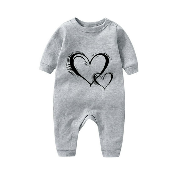 Zwiiyzr Newborn Baby Clothes Kids Girls Boys Long Sleeve Valentine's Day Heart Print T-Shirt Jumpsuit Romper Gray