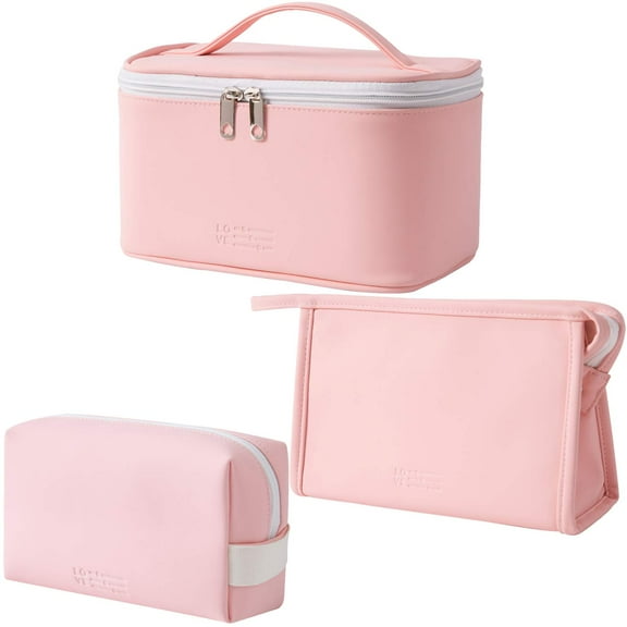Makeup Bag Travel Toiletry Bag for Women, Cute Make Up Bag Set of 3 for Purse Pouch Makeup Organizer Bag PU Leather Washable Waterproof Cosmetic Bag