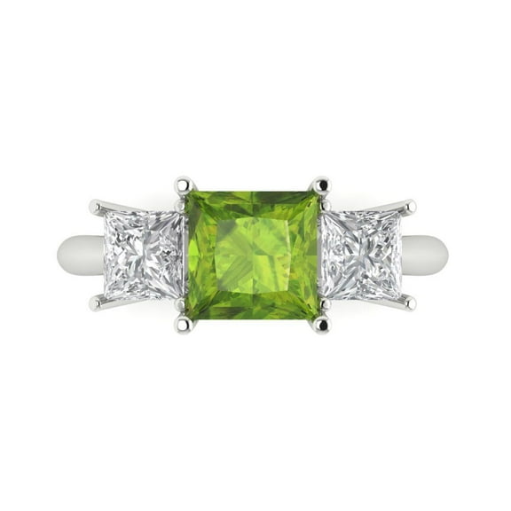 2.5 ct Princess Cut Natural Peridot 3 Stone 14K White Gold Womens Engagement Ring