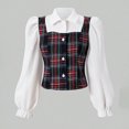thumbnail image 7 of Girls Preppy Plaid 2‑Piece Outfit Set Puff Long Sleeve Shirt Vest Top Bow Elastic Waist Pleated Skirt Kids Academy Style Clothing for School Performance Daily Wear(White,12-13 Years), 7 of 7