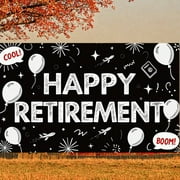 Black and White Happy Retirement Banner Balloon Design Retirement Display Airplane Passport Pattern Retirement Backdrop for Retirement Party Farewell Event Office Party