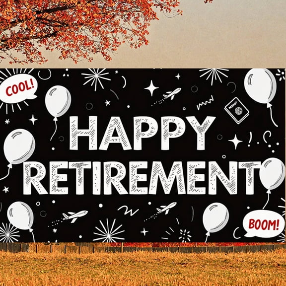 Black and White Happy Retirement Banner Balloon Design Retirement Display Airplane Passport Pattern Retirement Backdrop for Retirement Party Farewell Event Office Party