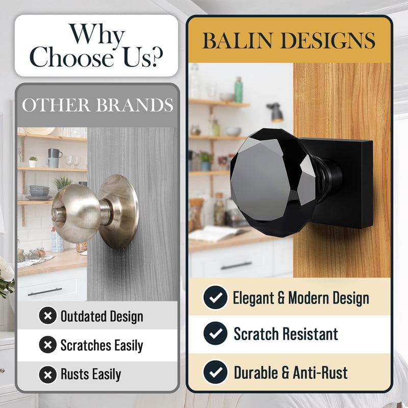 Balin Designs Black Crystal Door Knob, Glass Door Knobs Interior Non-Locking Set, Square Antique Decorative Vintage Style for Hallway, Closet, Passage Doors, 1 Pack