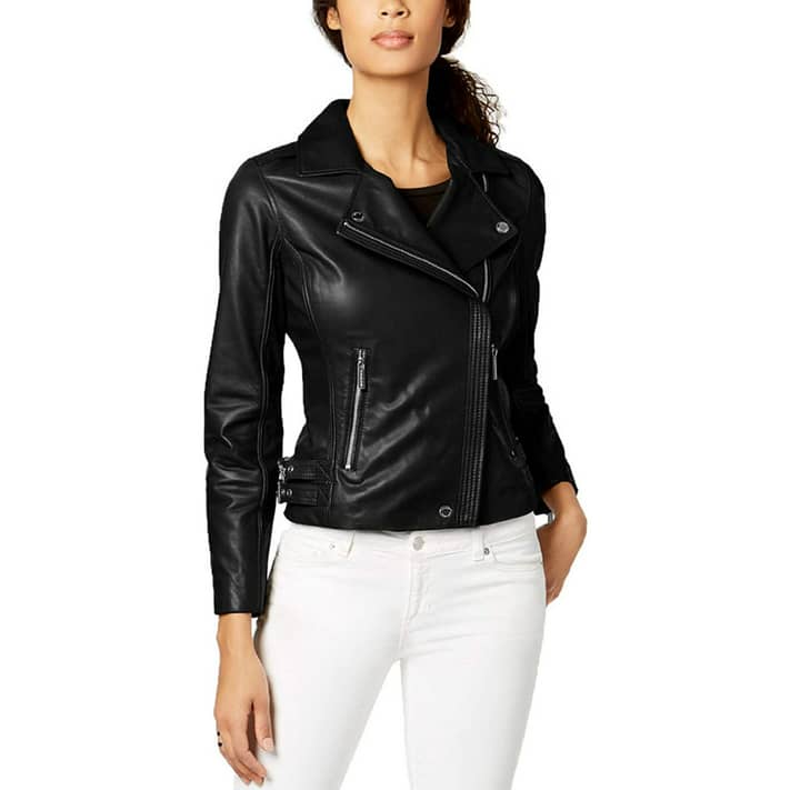 Michael Kors Black Women Moto Jacket - Genuine Women Leather Jacket -  Comfortable Black Zip up Jacket for Women - Full Zip Closure Leather Jackets  with 2 Sides Zip Pockets & Wing collars 