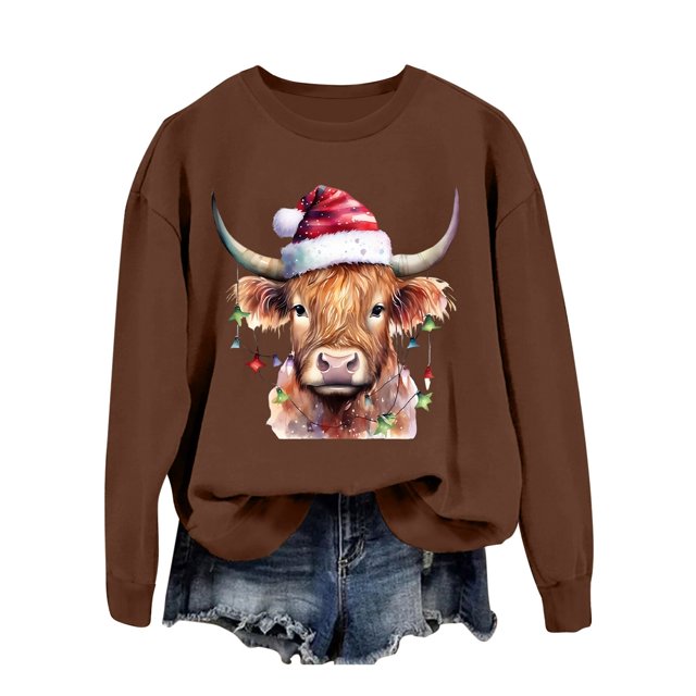 Chandail en Molleton Décontracté à Manches Longues pour Femmes, Imprimé Vache Western de Noël
