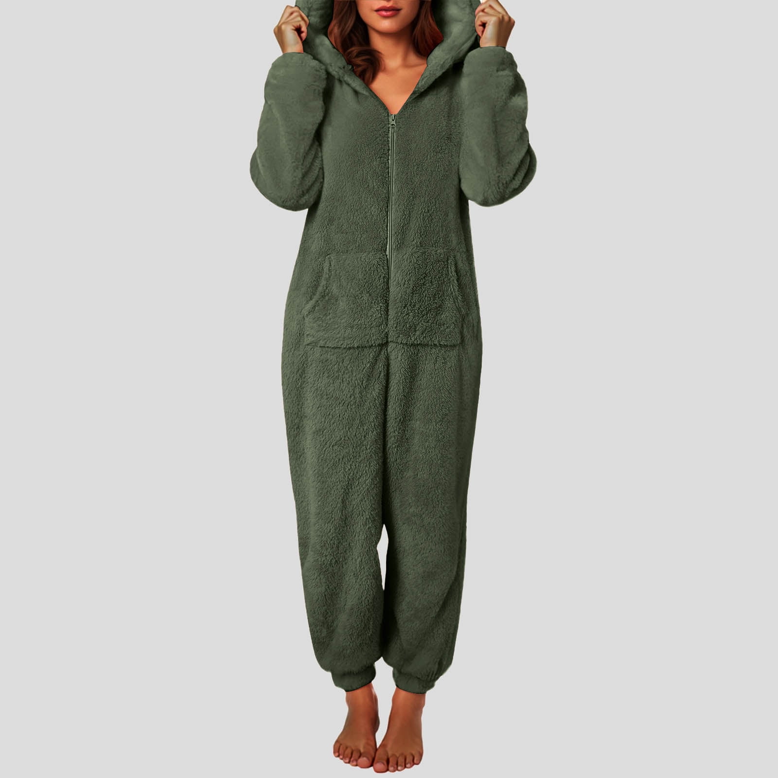 Rotm Onesie for Women Womens Plus Size Onesies Pajamas Winter Fuzzy Sherpa Adult Hooded One Piece Jumpsuit Cute Zipper Fleece Romper Sleepwear AG,L