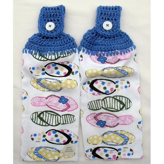 COLORFUL FLIP FLOPS - 2 HANDMADE CROCHET TOP HANGING KITCHEN TOWELS