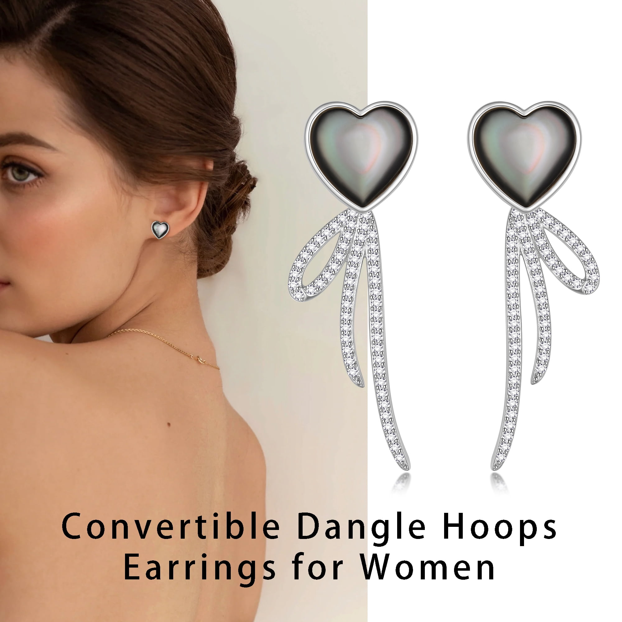 Beautlace Heart Earrings Studs,Versatile 2-in-1 Black Pearl Shell Sterling Silver Dangle Earrings Birthday/Valentines/Christmas Gifts for Women