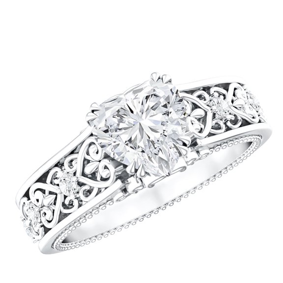 Rosec Jewels Heart Shape Moissanite Solitaire Engagement Ring 1 Carat, 7 mm, D-VS1 Quality Certified - Vintage Style Ring for Women, 925 Sterling Silver, US 4.00