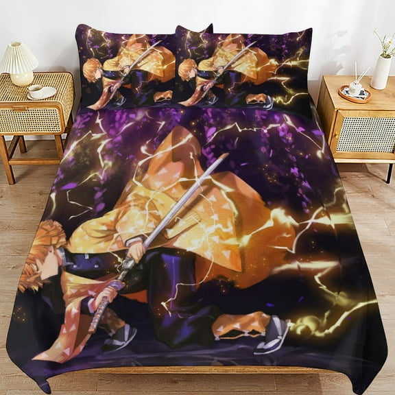 3 Piece Comfortable Bedding Set Demon Slayer Agatsuma Zenitsu Duvet Cover Twin Bed with 2 Pillowcase 79"x90"