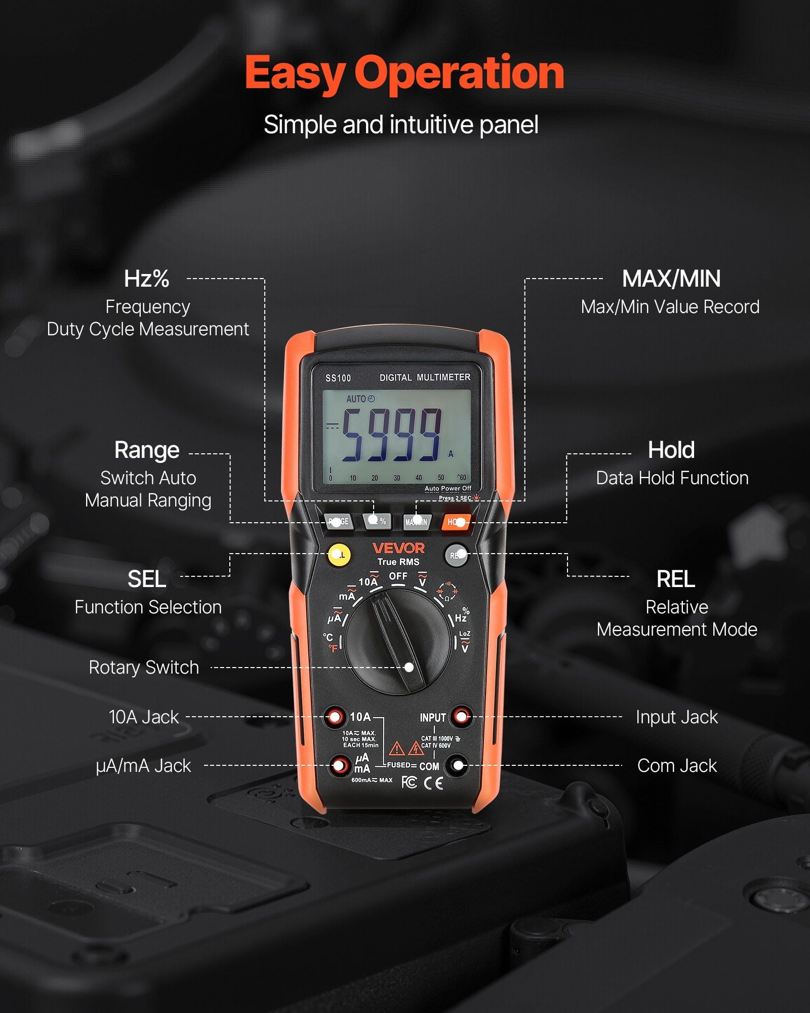 Auto-Ranging Digital Multimeter with 6000 Counts TRMS - Measures DC/AC Voltage, Current, Resistance, Capacitance, Temperature, Tests Diodes, Continuity, and Low Impedance