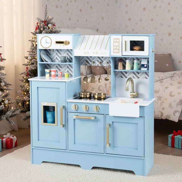 Gymax Kids Play Kitchen w/ Stoves Faucet Sink Clock Coffee Machine Range Hood Blue