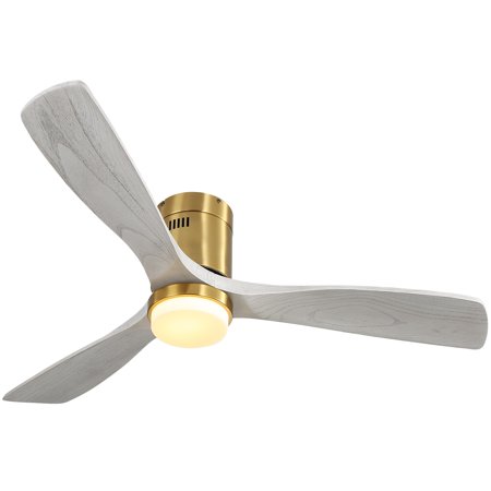 

52 Inch Low Profile Flush Mount Wood Blades Ceiling Fan with Remote Integrated Light Optional Gold with Gray Blades With Light