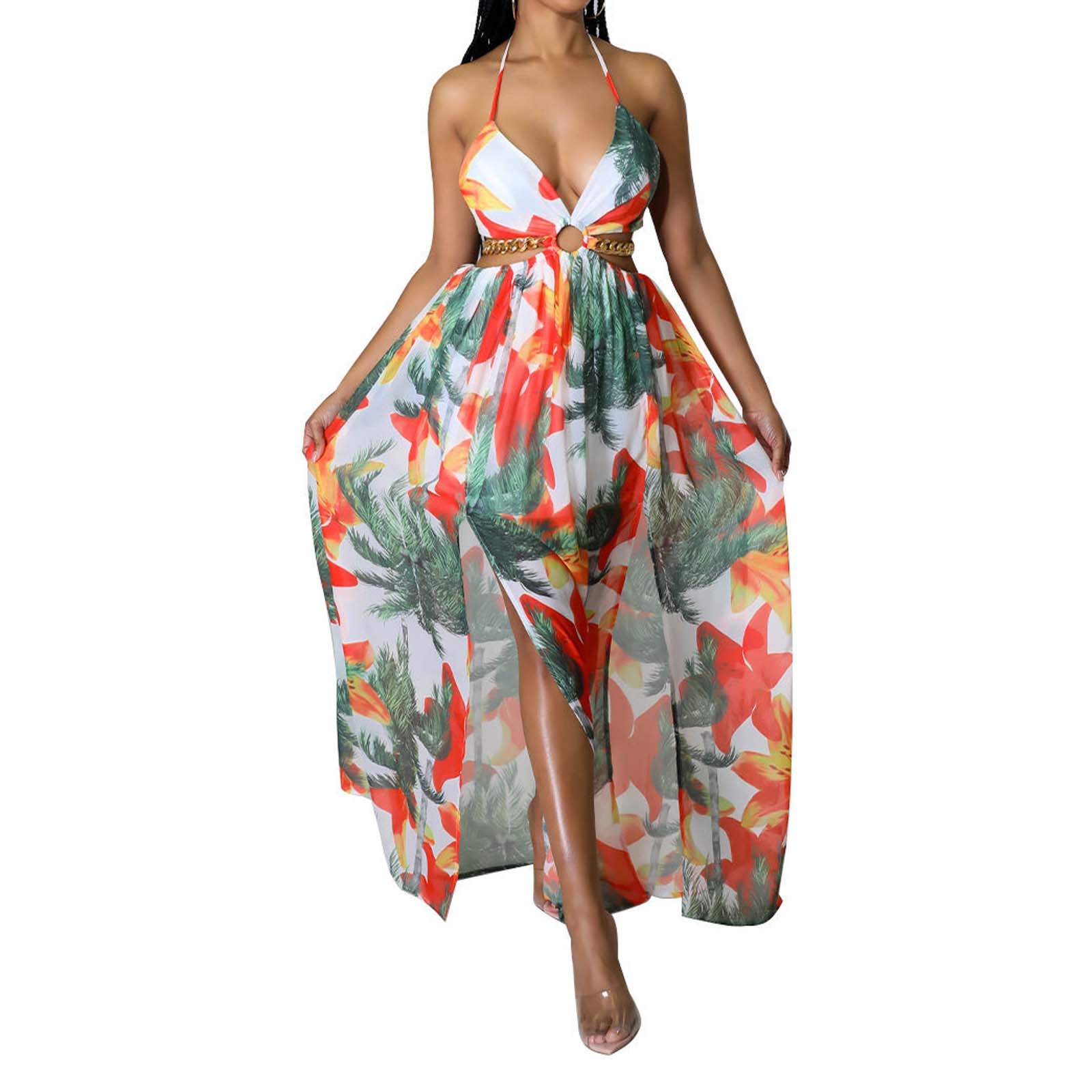 Jamsmile Womens Dress Summer Chic Halterneck Floral Print Spaghetti Strap Maxi Dresses Flowy Beach Party Slit Boho Sundress