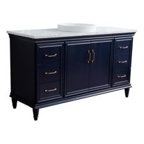 61 in. Single Wooden Vanity  Blue White Carrara Marble Round Sink