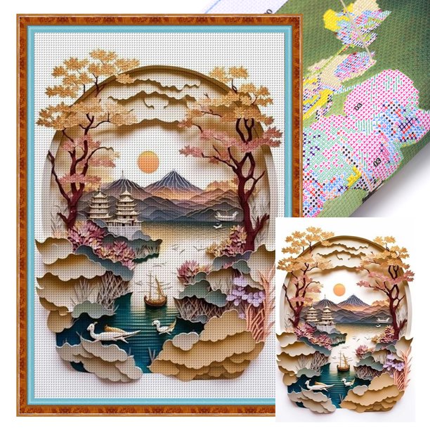 Kit Punto Cruz Con Paisaje Impreso Hilo Algodón Ecológico Bordado 11CT 40x60cm