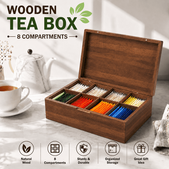 VALUNE 8 Compartments Acacia Wooden Tea Bag Organizers, Tea Packet Storage Boxes, Tea Caddy Chest, Teabag Holder Containers, Teabox Station Display, Organizador De Tes Caja Para Te