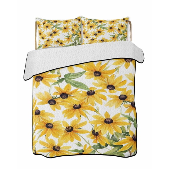 Quilt King Size Bedding Set, Sunflowers Reversible Summer Quilt 3 Pieces, Yellow Botanical Floral Green Leaf Lightweight Bedspreads Coverlets with 2 Pillow Shams for All Seasons