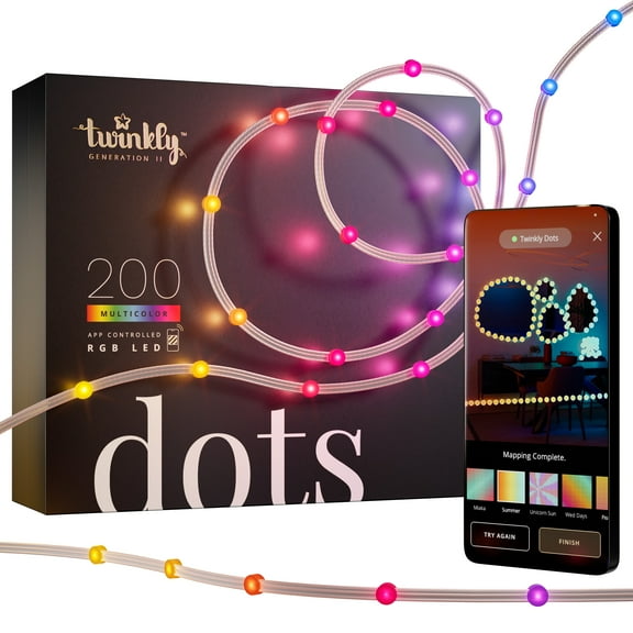 Twinkly Dots String Lights App-Controlled Flexible LED Color Changing String Lights, 60 RGB (16 Mil. Colors). 200 LED / 33 Ft Clear Wire. USB-Powered Indoor Smart Home Lighting Decoration