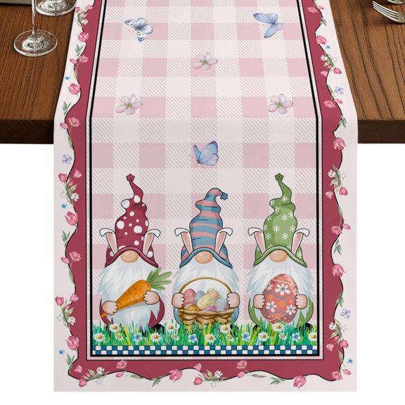 Table Runners 70 Inches Long Dress Scarves, Gnomes Easter Farmhouse Coffee/Dining/Kitchen Table Decor, Holiday Table Runner, Eggs Tulips Spring Floral Pink Plaid 13x70 Inch