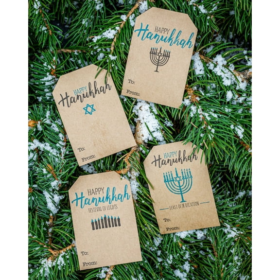 Happy Hanukkah Natural Kraft Gift Tags | 2 x 3" Inches - 100 Pack