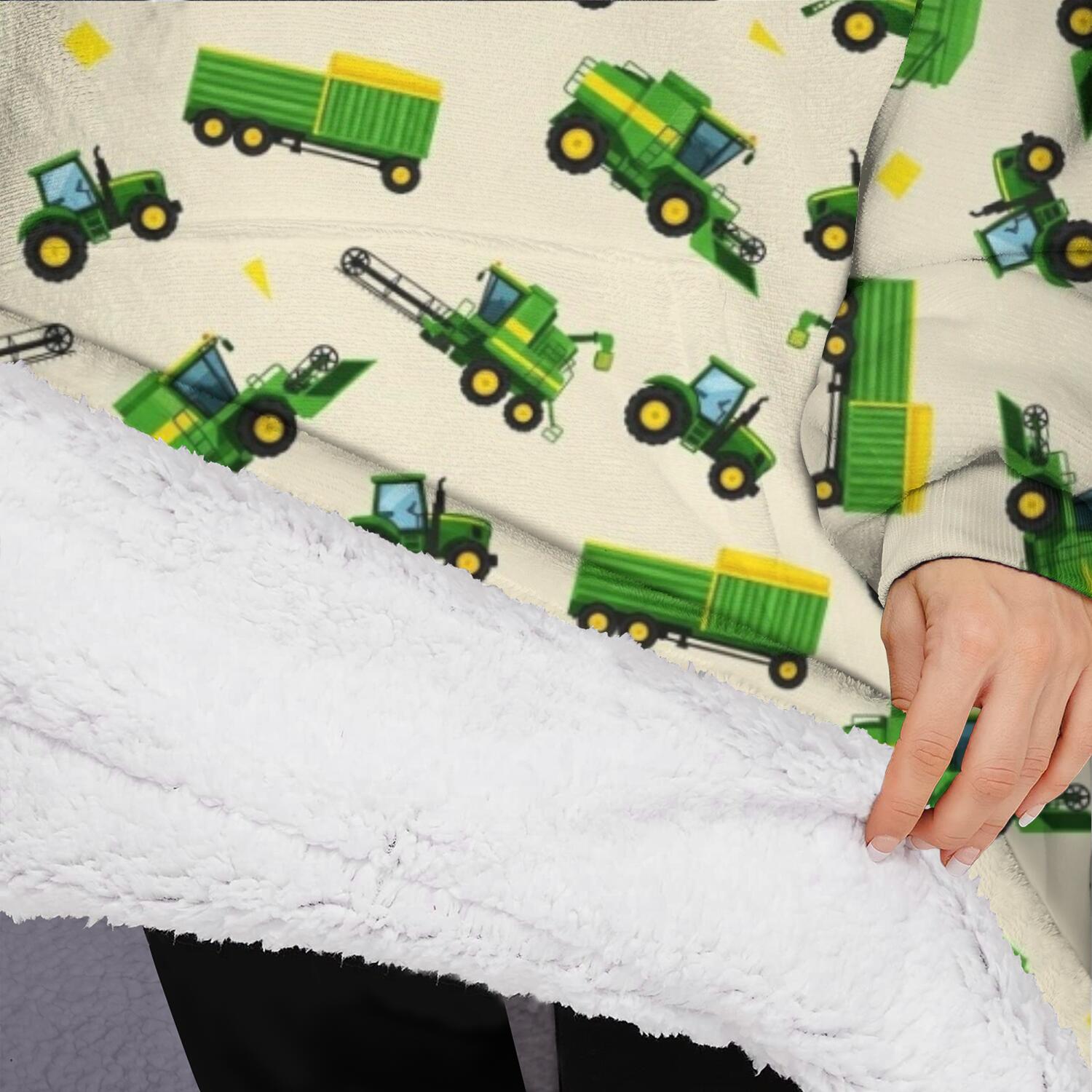 Oversized Wearable Blanket Hoodie,Cartoon Tractors Green Beige Pattern Sherpa Blanket Hoodie with Super Pockets,Super Warm Fuzzy Pullover for Women & Men
