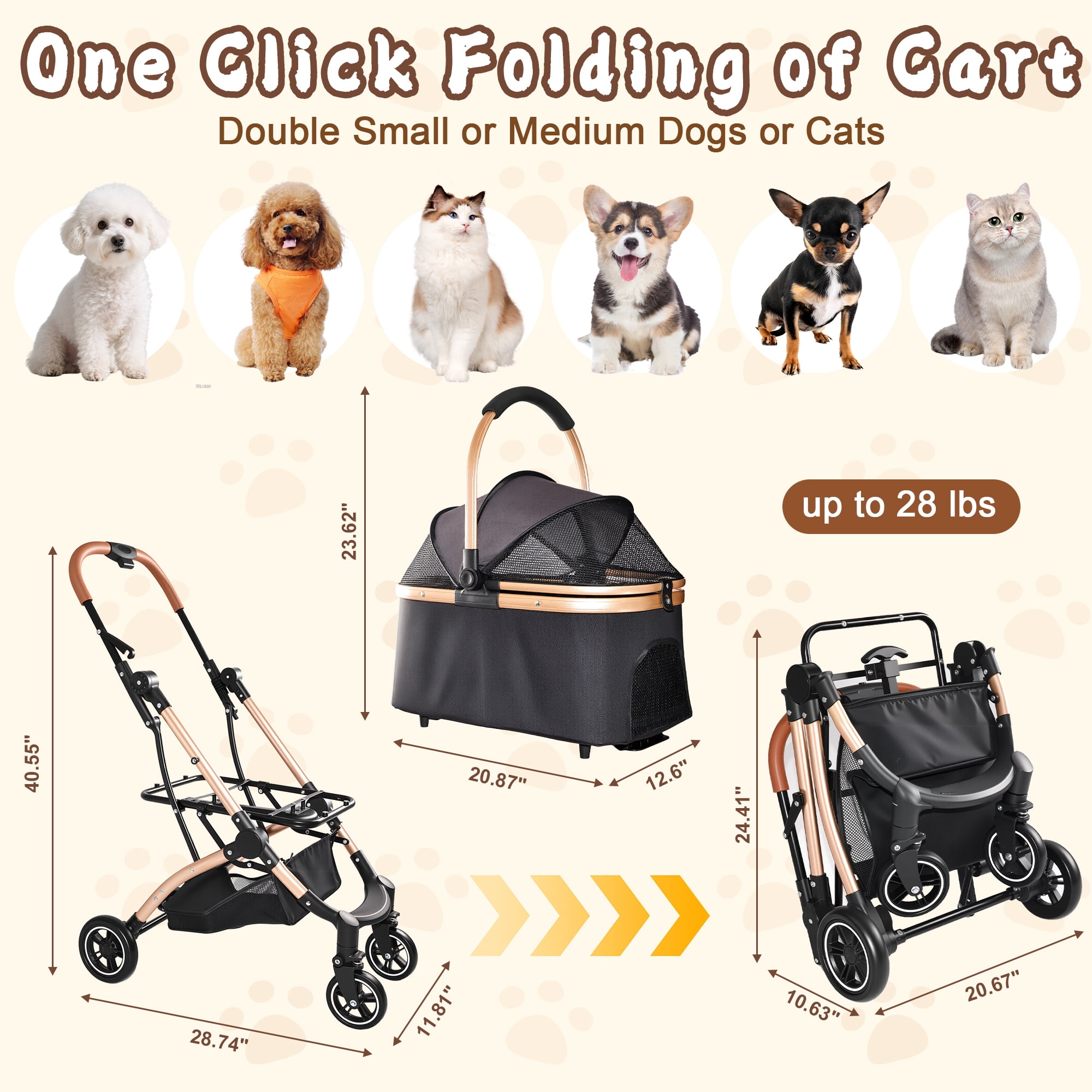 Foldable Pet Stroller for Small/Medium Dogs and Cats, Convertible Pet Cart with Detachable Carrier, Caster & Storage Basket