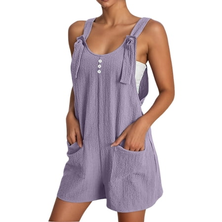 Qicasul Women Jumpsuit for Summer Casual Fashion Sleeveless Jumpsuit With Button Front And Shorts Strappy Romper Overall For Daily Wear Purple XXXL