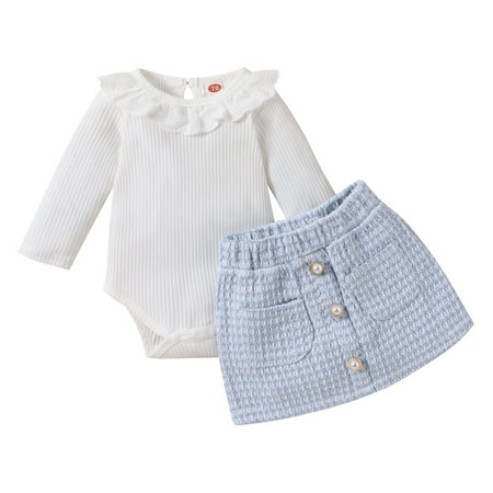 

Girls Long Sleeve Solid Color Ruffles Ribbed Romper Bodysuit Plaid Skirt Two Piece Outfits Baby Girl Fall Outfits Toddler Birthday Outfit Baby Christmas Outfit Girl