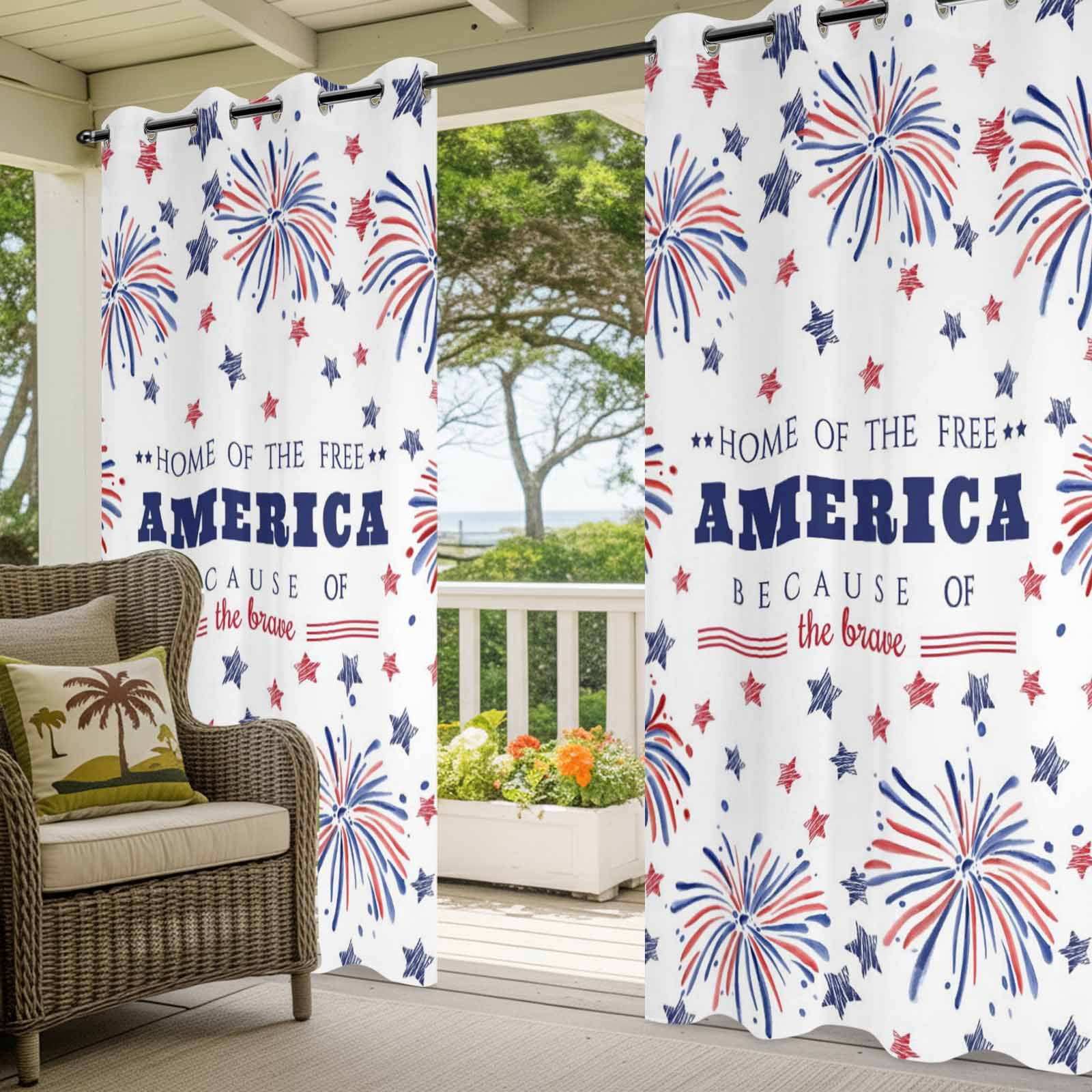 Independence Day Outdoor Curtains for Patio, America Fireworks Red Blue Navy Star Sunshade Privacy Drapes Grommet Waterproof Outside Curtains for Porch/Cabana/Balcony 54"x 108", 1 Panel
