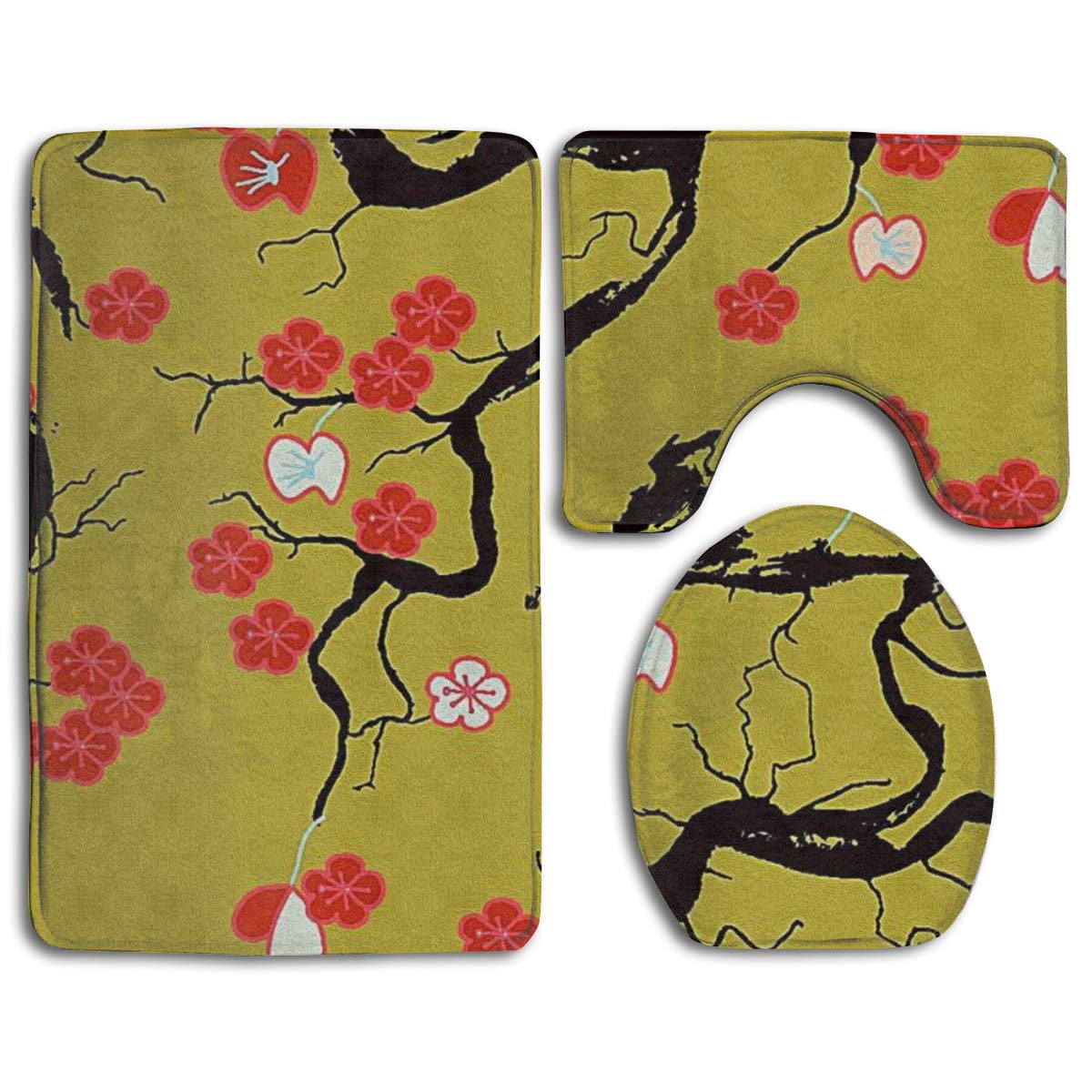 PUDMAD Plum 3 Piece Bathroom Rugs Set Bath Rug Contour Mat and Toilet