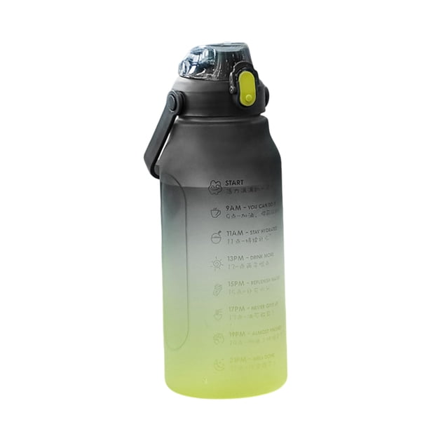 Botella de bebida deportiva gratuita con marca de tiempo y cubierta de bloqueo, botella de agua de plástico a prueba de fugas para camping gimnasio (amarillo negro, 1,5 L)