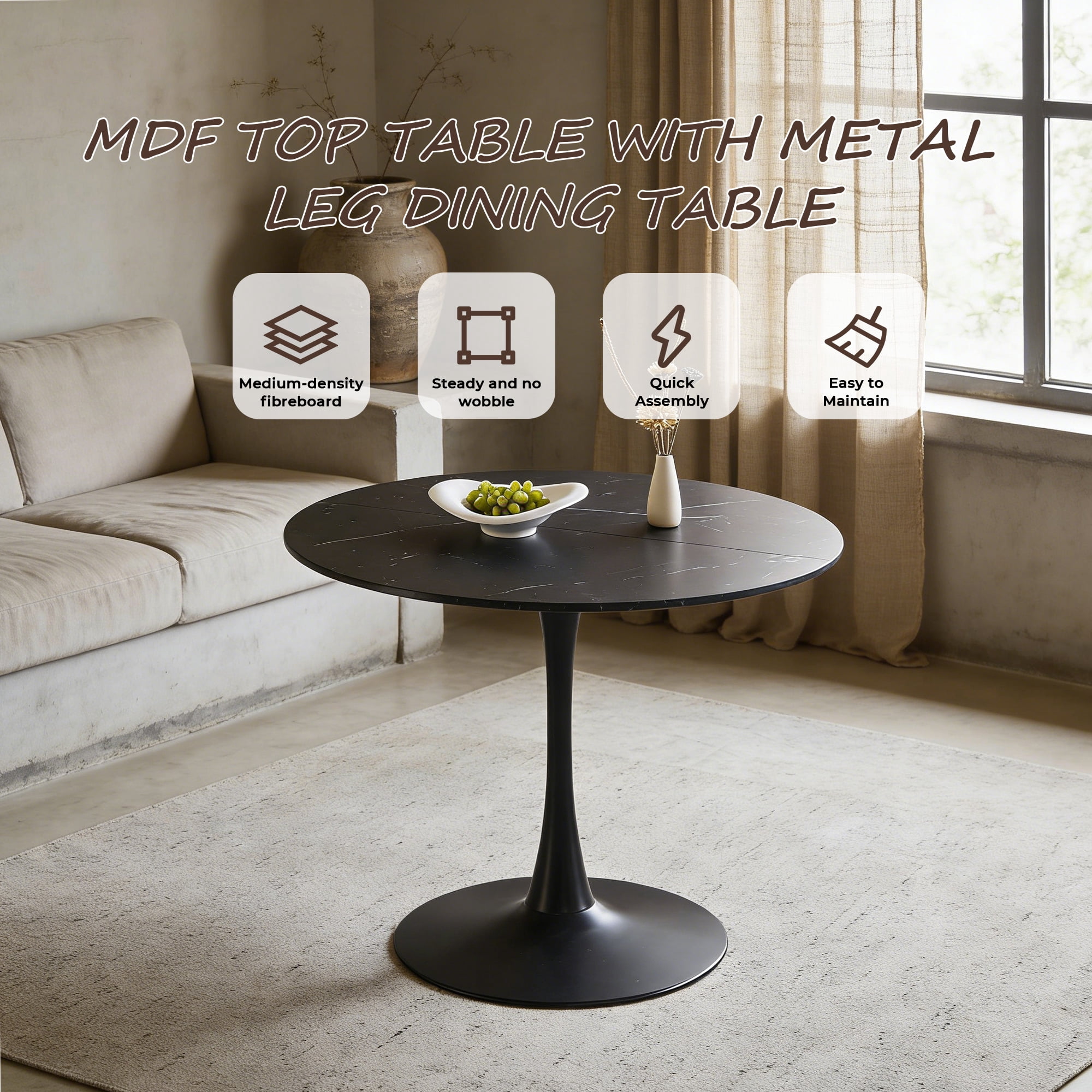 Mintazer 42.1" Large Round Dining Table Top Tulip Table for 4-6 People, Mid-Century MDF Kitchen Table for Dining Room, Black with Pattern