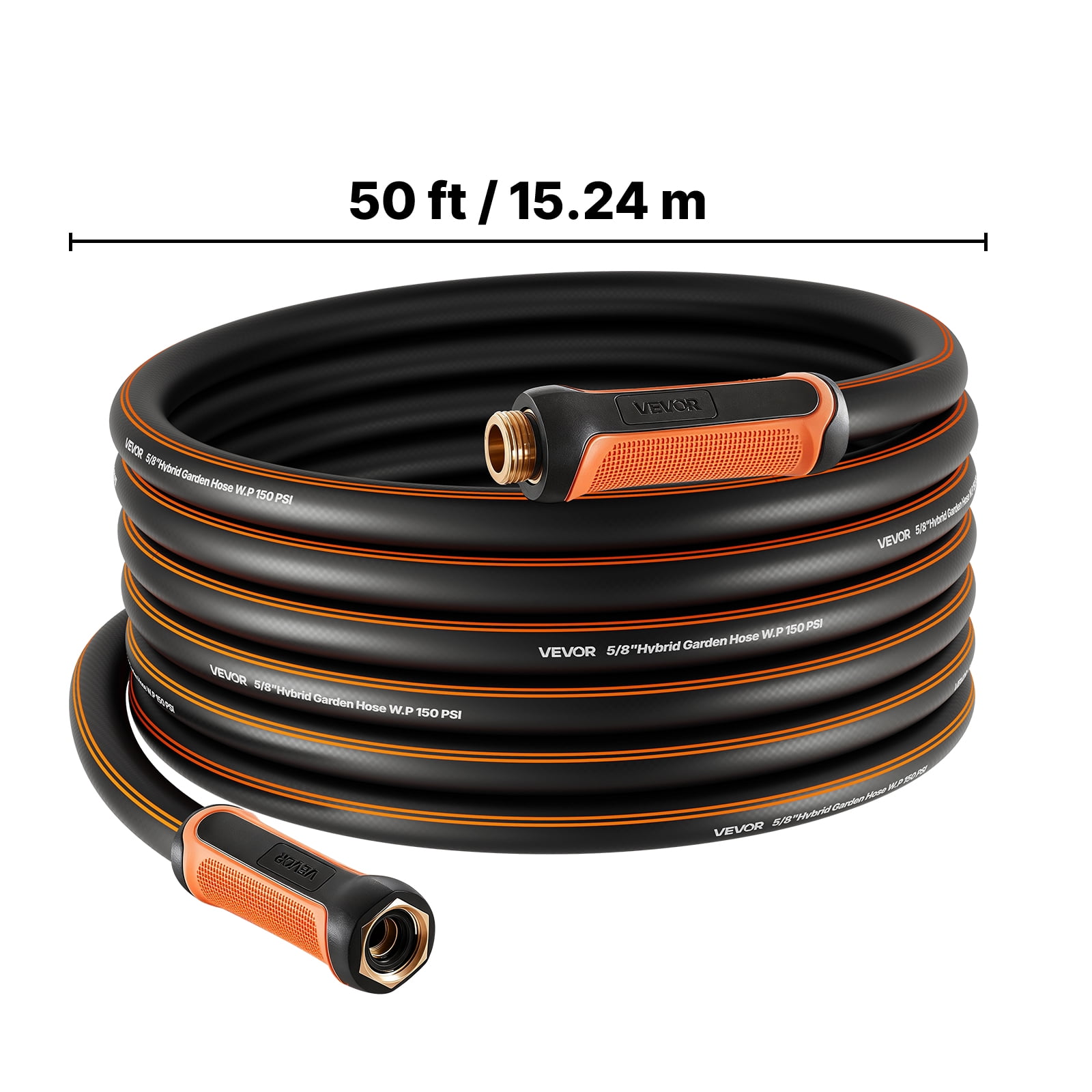 VEVOR Garden Hose, 50 ft 5/8" Heavy Duty 4-Layer Rubber Water Hose, 150PSI Working & 600PSI Burst, Flexible & Non-kink Outdoor Waterhose with 3/4" Fitting, Lightweight Hoses for Gardening Cleaning